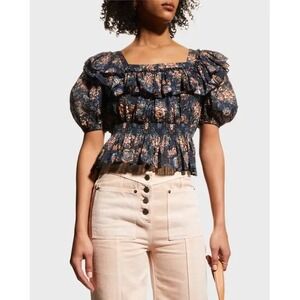 Ulla Johnson Warner Floral Blouse Size 4 Smocked Puff Sleeve Cottage Peasant‎